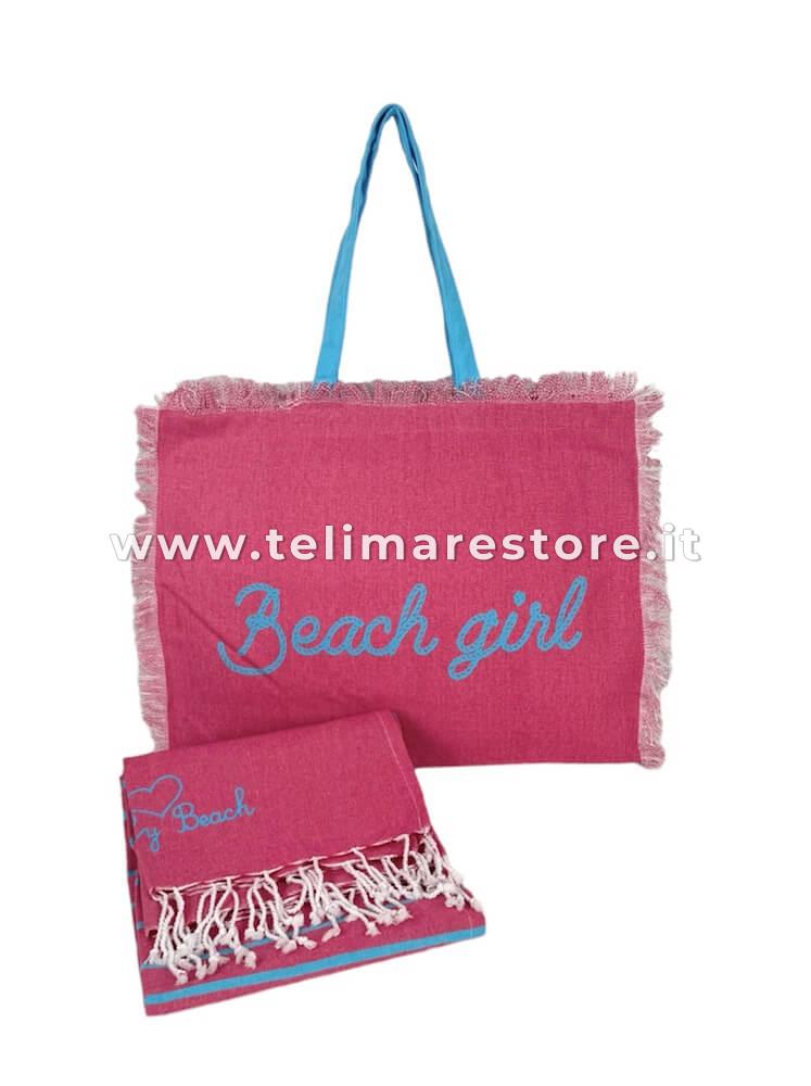 Borsa Mare Fucsia Con Manici Turchesi 100% Cotone Canvas, Foderata