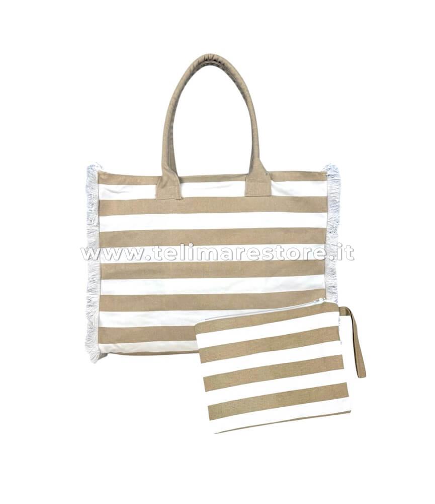 Borsa Mare Rigata Media Beige Bianco 100% cotone, Zip,Tasca
