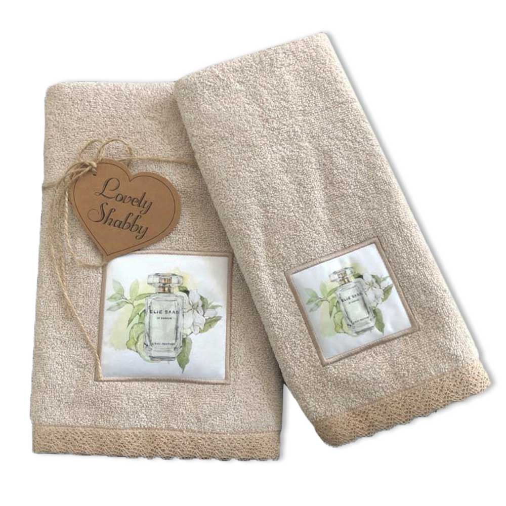 Asciugamani da bagno 100% Cotone Beige Set di due asciugamani da bagno in Spugna 1+1 viso e ospite Tinta Unita 