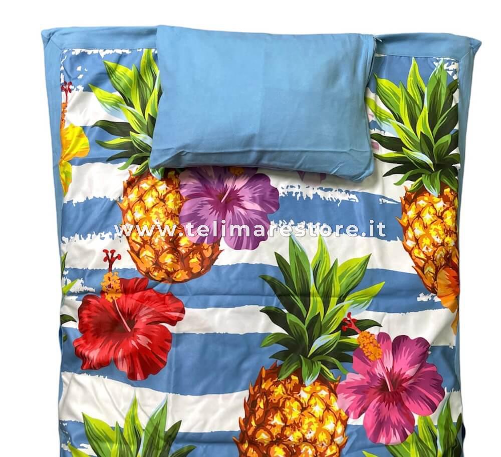 Telo Mare Per Lettino Con Cuscino | Motivo Ananas | In Microfibra Assorbente | 75x185cm | Con Tasche Portaoggetti