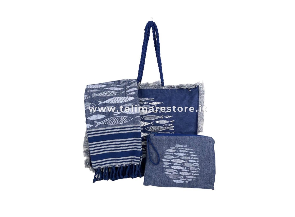 Borsa Mare Aquarius Blu 100% Cotone Con Zip Misura 50x40x15cm