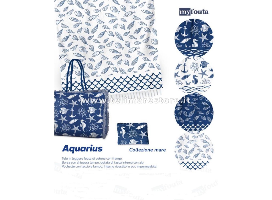 Borsa Mare Aquarius Blu Pesci e Onde con Chiusura Zip misura 50x40x15cm con Frange Borsa Spiaggia