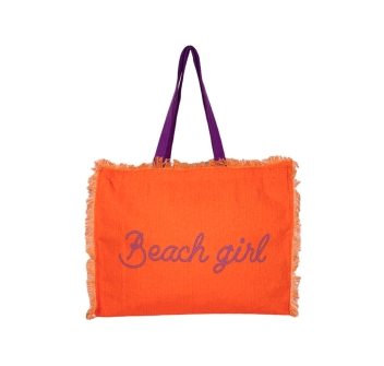 Borsa Mare Arancione Stampa e Manici Lilla 100% Cotone Canvas Misura 48x38x16cm