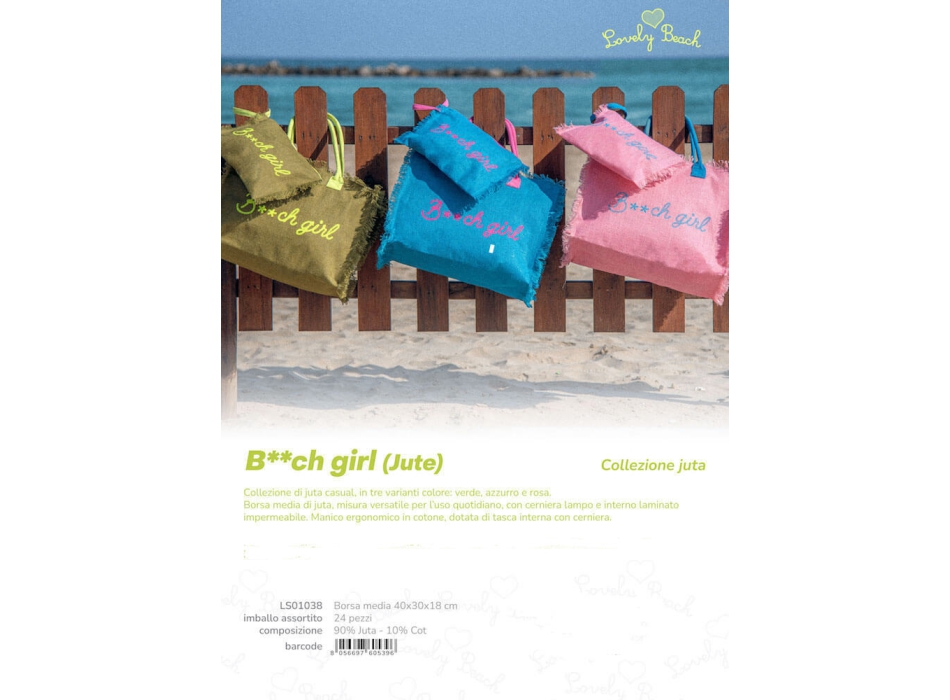 Borsa Mare B**ch Girl Verde 90%Juta 10%Cotone con Zip 40x30x18 cm Borsa Spiaggia