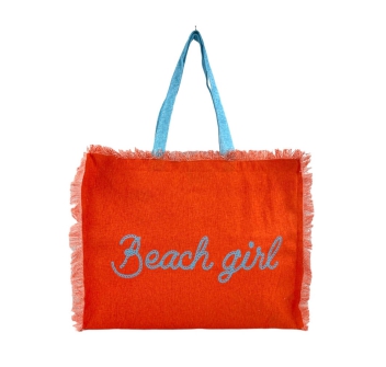 Borsa Mare Beach Girl Arancione con Zip Stampa Turchese 100% Cotone Canvas Misura 50x40x15cm