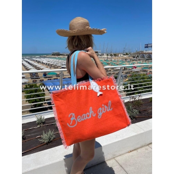 Borsa Mare Beach Girl Arancione con Zip Stampa Turchese 100% Cotone Canvas Misura 50x40x15cm