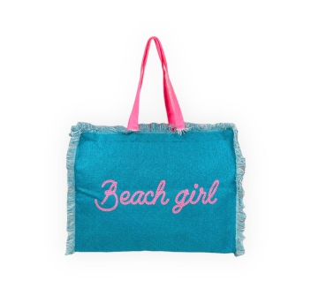 Borsa Mare Beach Girl Celeste con Zip Stampa Rosa 100% Cotone Canvas Misura 50x40x15cm
