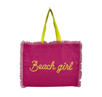 Borsa Mare Beach Girl Fucsia con Zip Stampa Gialla 100% Cotone Canvas Misura 50x40x15cm