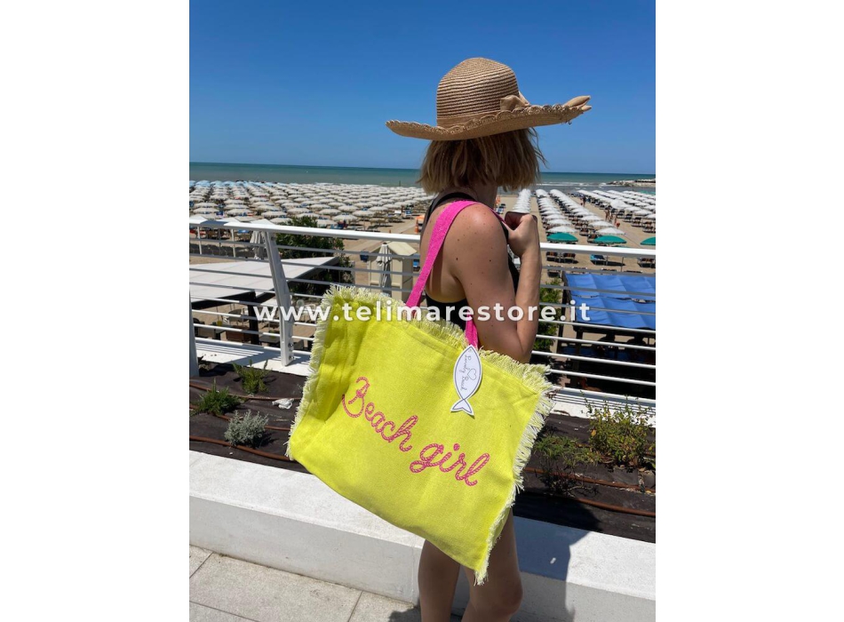 Borsa Mare Beach Girl Gialla con Zip Stampa Rosa 100% Cotone Canvas Misura 50x40x15cm