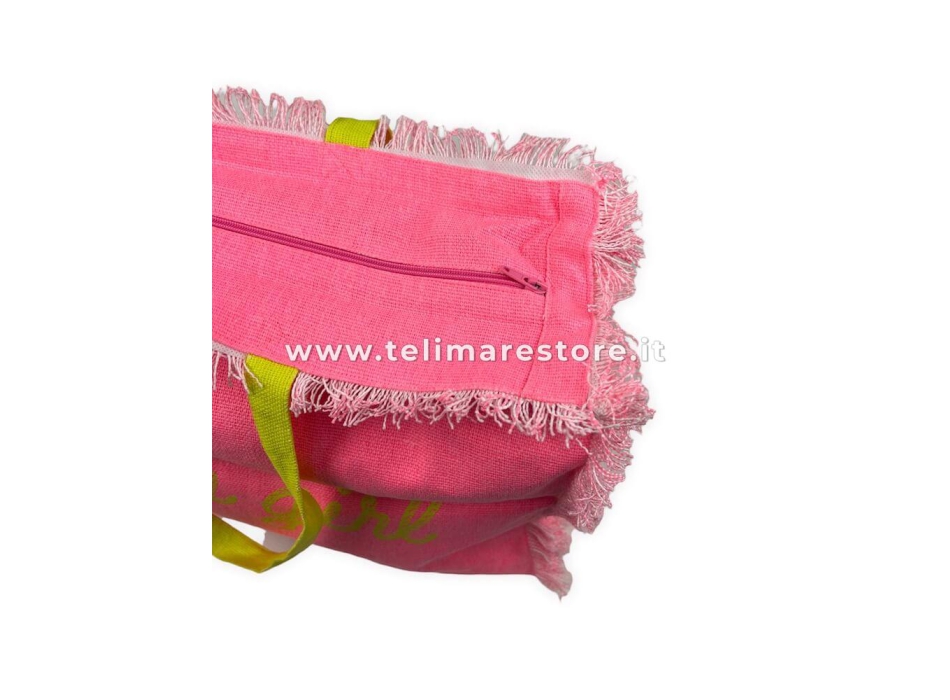 Borsa Mare Beach Girl Rosa con Zip Stampa Gialla 100% Cotone Canvas Misura 50x40x15cm