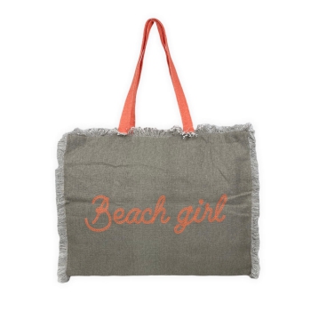 Borsa Mare Beach Girl Tortora con Zip Stampa Arancione 100% Cotone Canvas Misura 50x40x15cm
