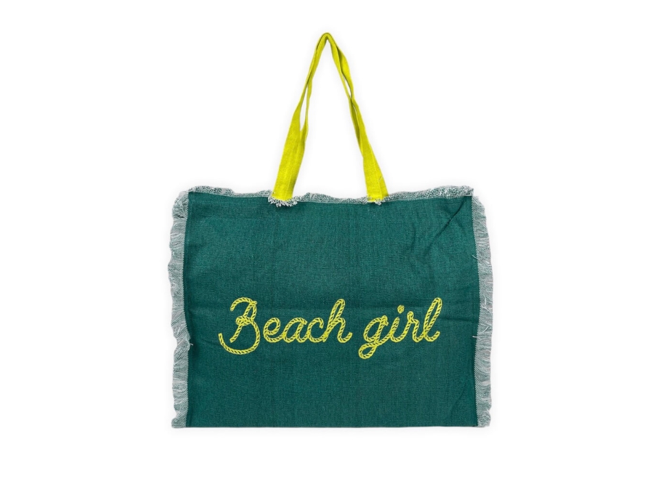 Borsa Mare Beach Girl Verde con Zip Stampa Gialla 100% Cotone Canvas Misura 50x40x15cm