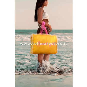 Borsa Mare Blu Stampa e Manici Gialli 100% Cotone Canvas Misura 48x38x16cm