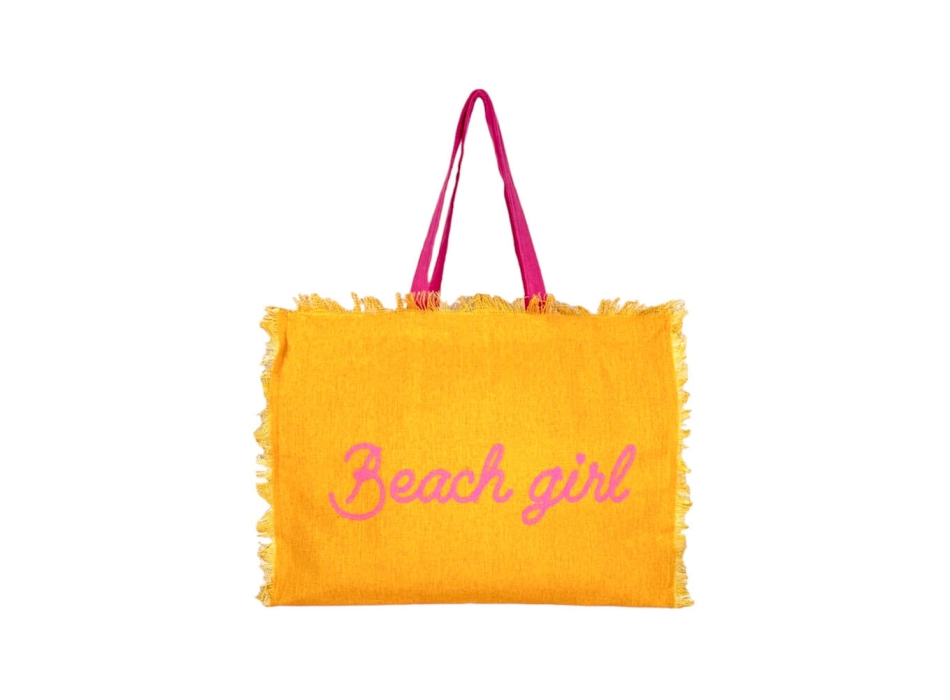 Borsa Mare Gialla Stampa e Manici Rosa 100% Cotone Canvas Misura 48x38x16cm