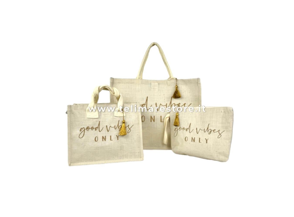 Borsa Mare Good Vibes Crema 90%Juta 10%Cotone 44x36x20cm Interno Impermeabile
