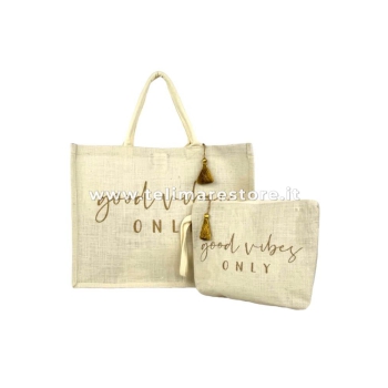 Borsa Mare Good Vibes Crema 90%Juta 10%Cotone 44x36x20cm Interno Impermeabile