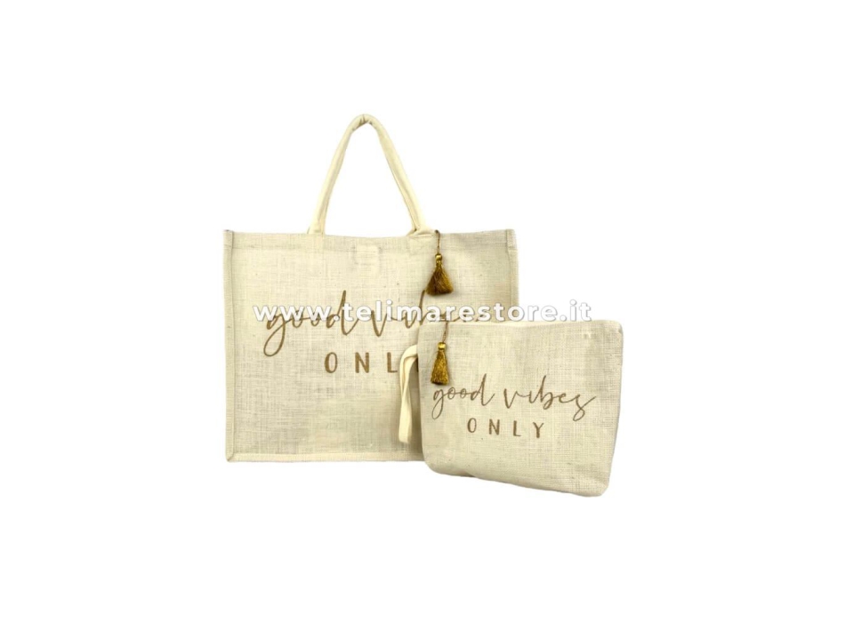 Borsa Mare Good Vibes Crema 90%Juta 10%Cotone 44x36x20cm Interno Impermeabile