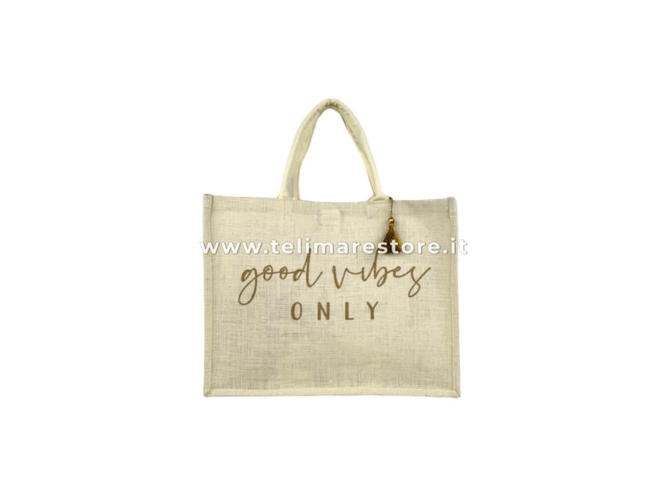Borsa Mare Good Vibes Crema 90%Juta 10%Cotone 44x36x20cm Interno Impermeabile