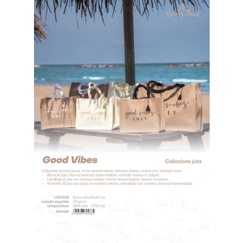 Borsa Mare Good Vibes Crema 90%Juta 10%Cotone 44x36x20cm Interno Impermeabile
