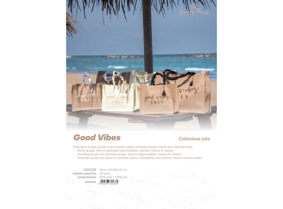 Borsa Mare Good Vibes Crema 90%Juta 10%Cotone 44x36x20cm Interno Impermeabile