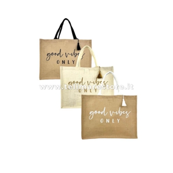Borsa Mare Good Vibes Natural 90%Juta 10%Cotone 44x36x20cm Interno Impermeabile