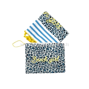 Borsa Mare Jungle Maculato Azzurro con Zip Stampa Beach Girl 100% Cotone Canvas Misura 50x40x15cm Borsa Spiaggia