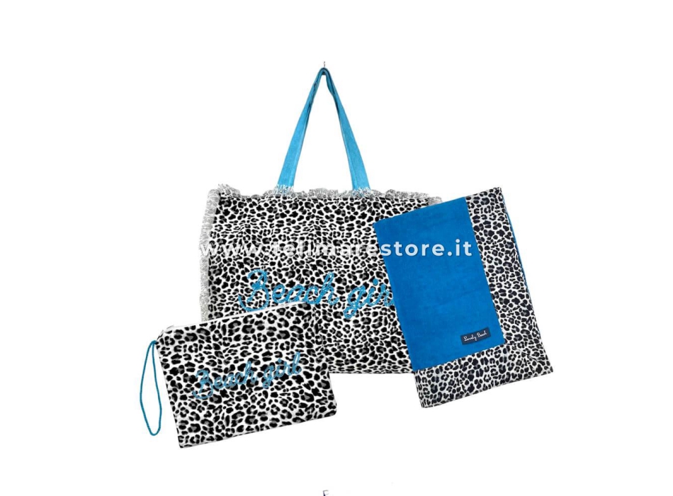 Borsa Mare Leopard Maculato Grigio con Zip Stampa Beach Girl 100% Cotone Canvas Misura 50x40x15cm Borsa Spiaggia