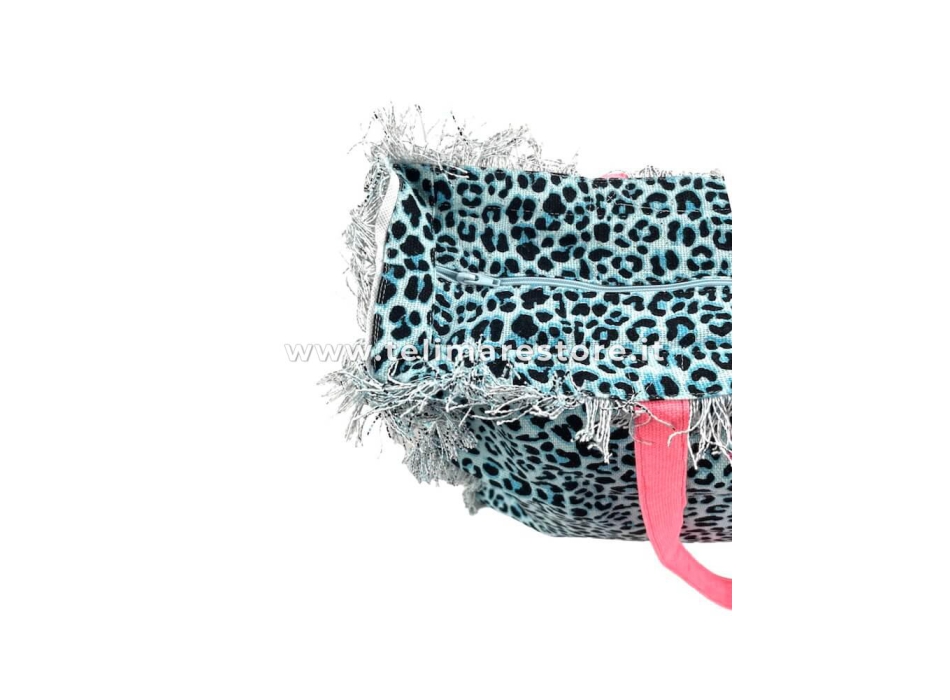 Borsa Mare Leopard Maculato Turchese con Zip Stampa Beach Girl 100% Cotone Canvas Misura 50x40x15cm Borsa Spiaggia