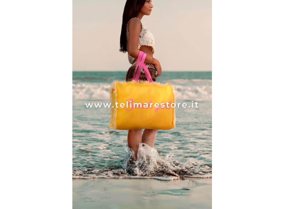 Borsa Mare Lilla Stampa e Manici Gialli 100% Cotone Canvas Misura 48x38x16cm