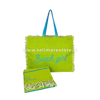 Borsa Mare Lime Stampa e Manici Turchesi 100% Cotone Canvas Misura 48x38x16cm
