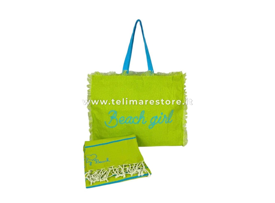 Borsa Mare Lime Stampa e Manici Turchesi 100% Cotone Canvas Misura 48x38x16cm