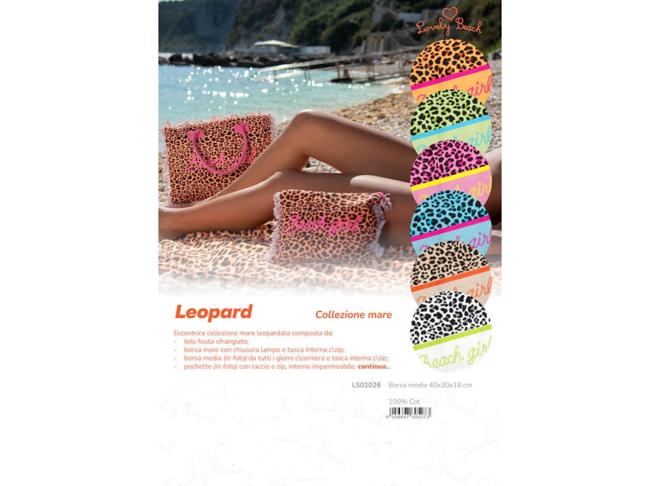 Borsa Mare Media New Leopard Maculato Fucsia con Zip 100%Cotone 40x30x18cm Borsa Spiaggia