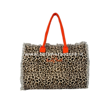 Borsa Mare Media New Leopard Maculato Sabbia con Zip 100%Cotone 40x30x18cm Borsa Spiaggia