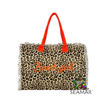 Borsa Mare Media New Leopard Maculato Sabbia con Zip 100%Cotone 40x30x18cm Borsa Spiaggia