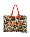Borsa Mare Media New Leopard Maculato Sabbia con Zip 100%Cotone 40x30x18cm Borsa Spiaggia