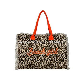 Borsa Mare Media New Leopard Maculato Sabbia con Zip 100%Cotone 40x30x18cm Borsa Spiaggia