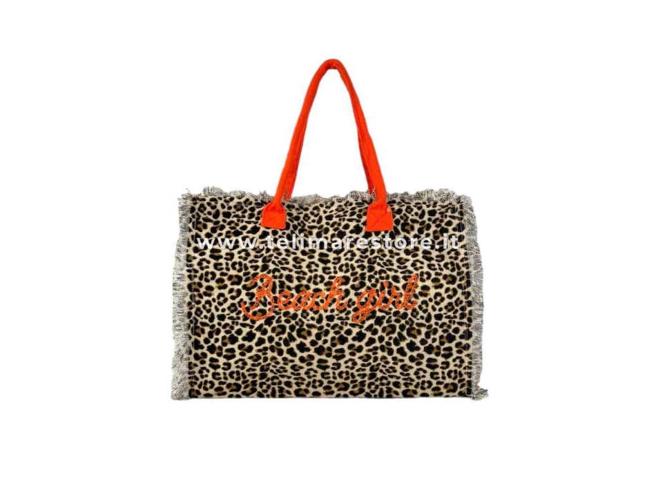 Borsa Mare Media New Leopard Maculato Sabbia con Zip 100%Cotone 40x30x18cm Borsa Spiaggia