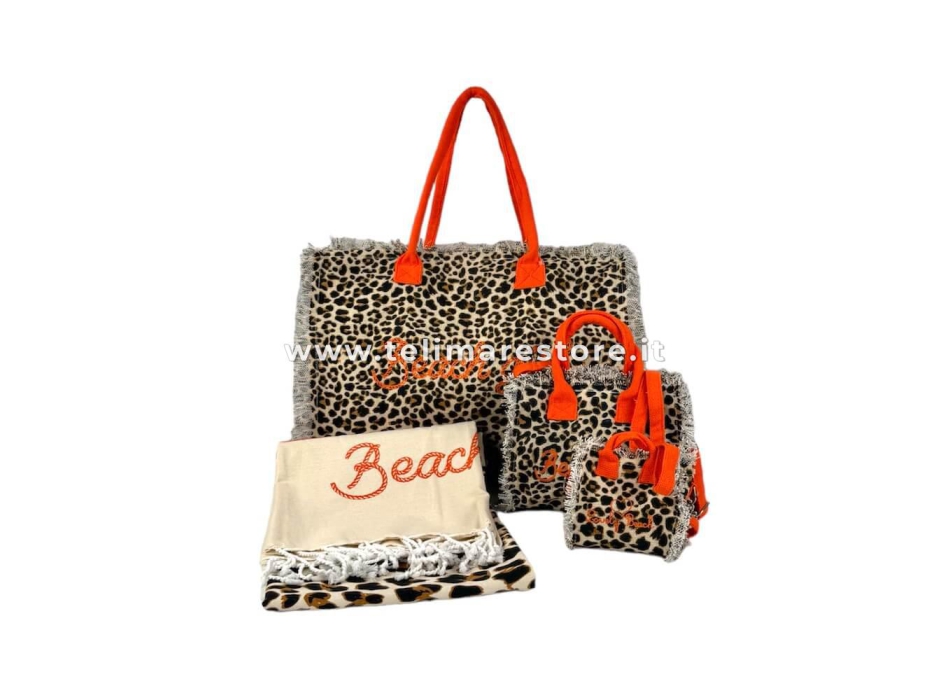 Borsa Mare Media New Leopard Maculato Sabbia con Zip 100%Cotone 40x30x18cm Borsa Spiaggia