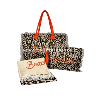 Borsa Mare Media New Leopard Maculato Sabbia con Zip 100%Cotone 40x30x18cm Borsa Spiaggia