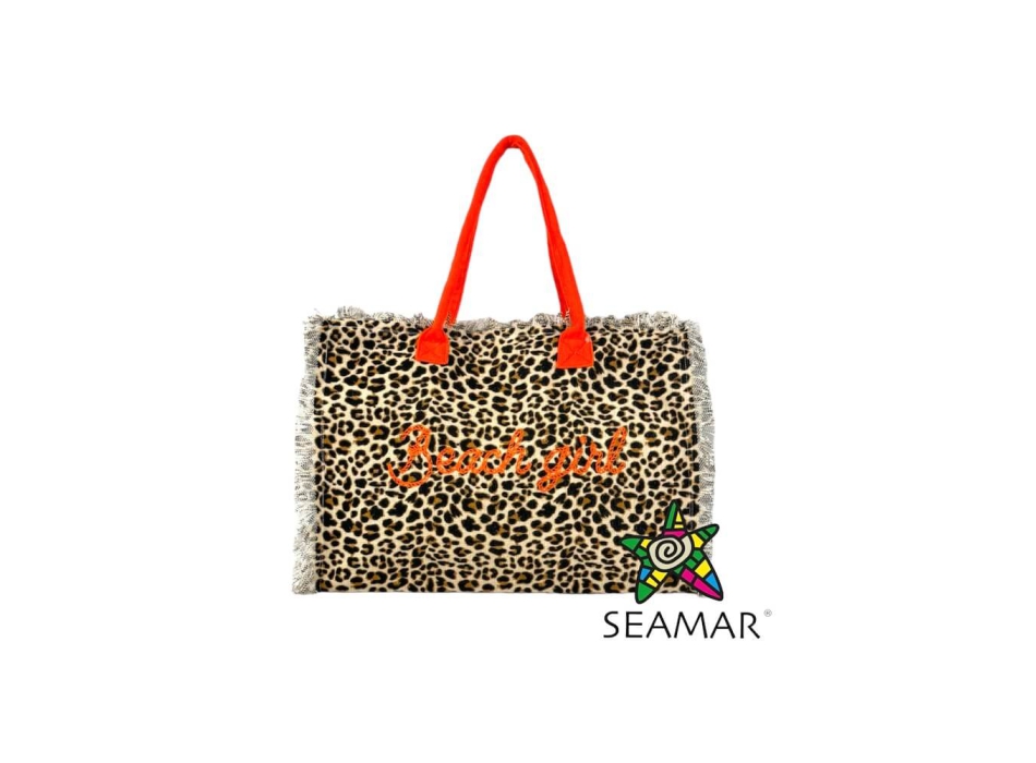 Borsa Mare Media New Leopard Maculato Sabbia con Zip 100%Cotone 40x30x18cm Borsa Spiaggia