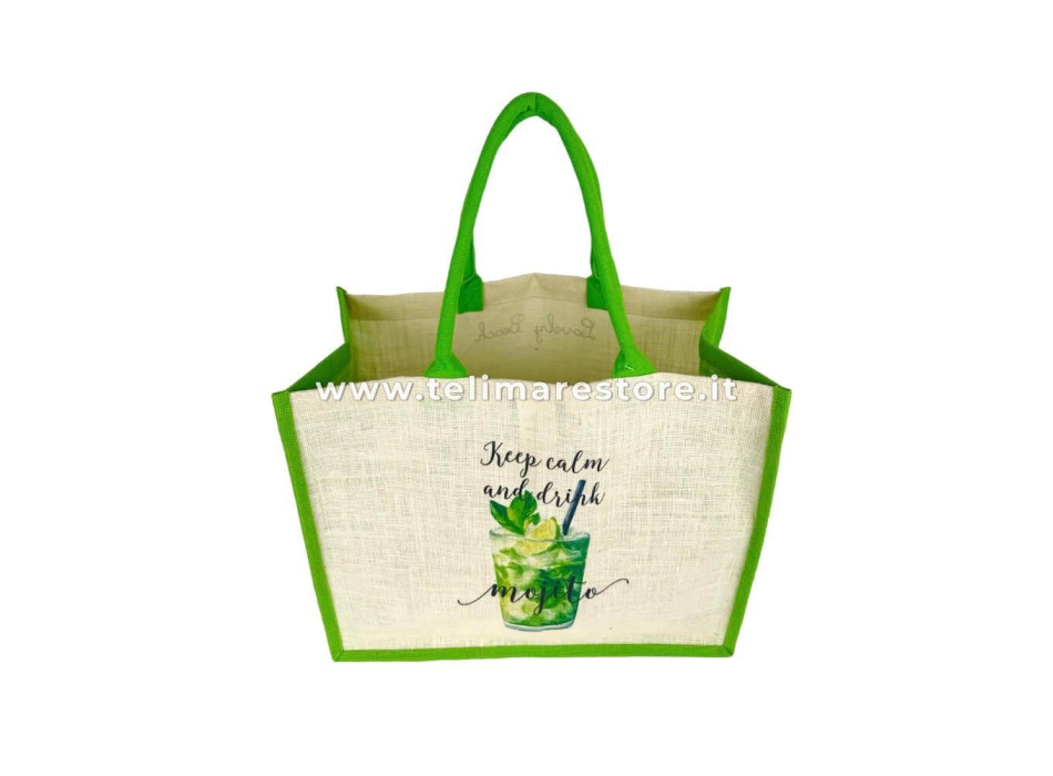 Borsa Mare Mojito Stampa Digitale 90% Juta 10% Cotone 48x38x16cm Borsa Spiaggia