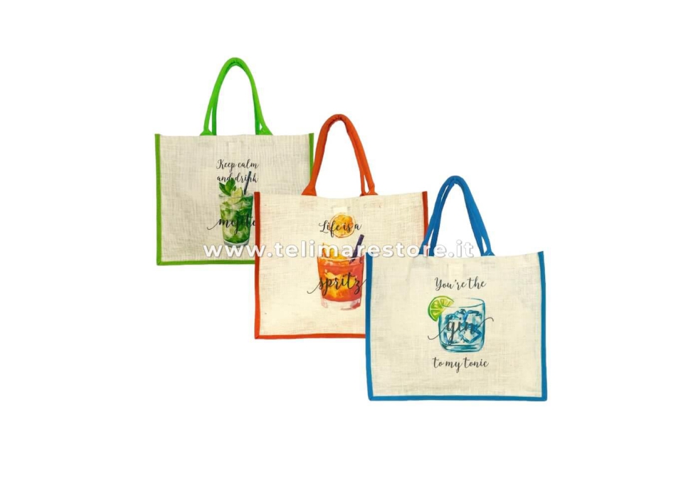 Borsa Mare Mojito Stampa Digitale 90% Juta 10% Cotone 48x38x16cm Borsa Spiaggia