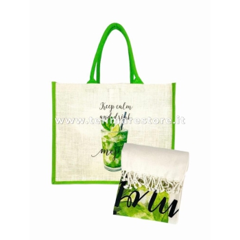 Borsa Mare Mojito Stampa Digitale 90% Juta 10% Cotone 48x38x16cm Borsa Spiaggia