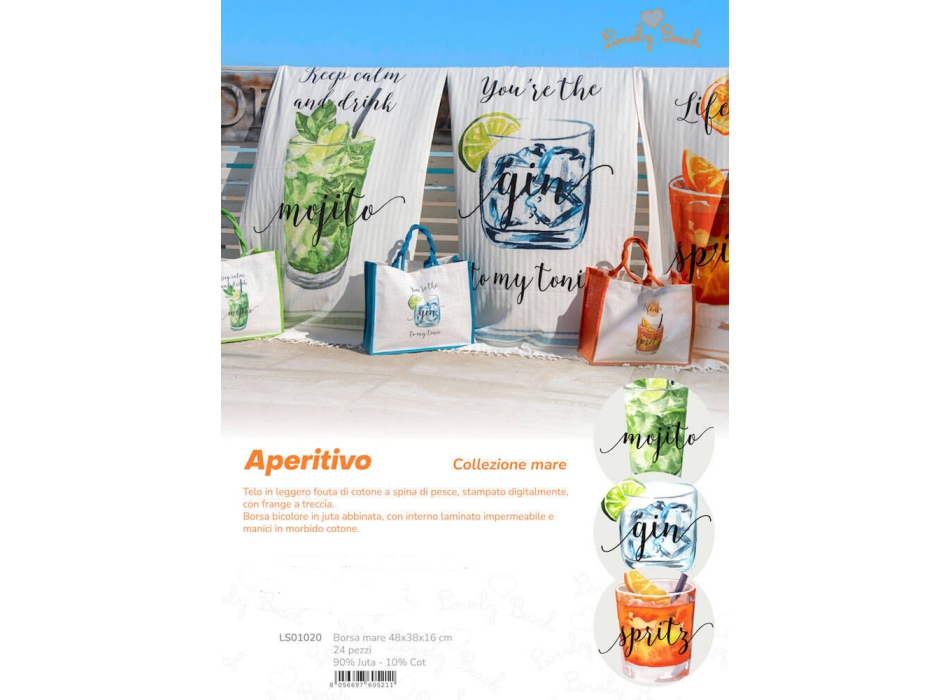 Borsa Mare Mojito Stampa Digitale 90% Juta 10% Cotone 48x38x16cm Borsa Spiaggia