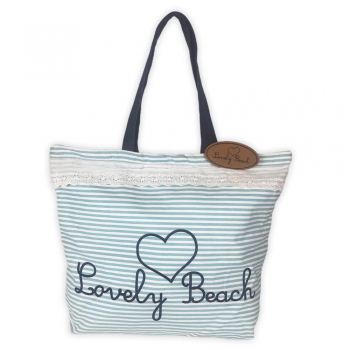 Borsa Mare Myconos Rigata Azzurra Con Sangallo 100% Cotone Misura 54x44x15cm