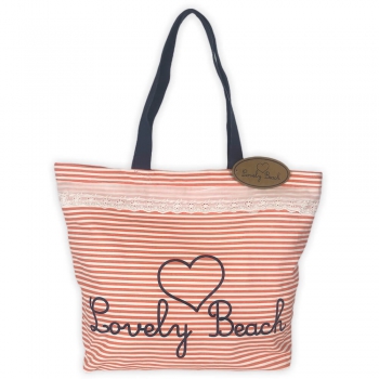 Borsa Mare Myconos Rigata Salmone Con Sangallo 100% Cotone Misura 54x44x15cm