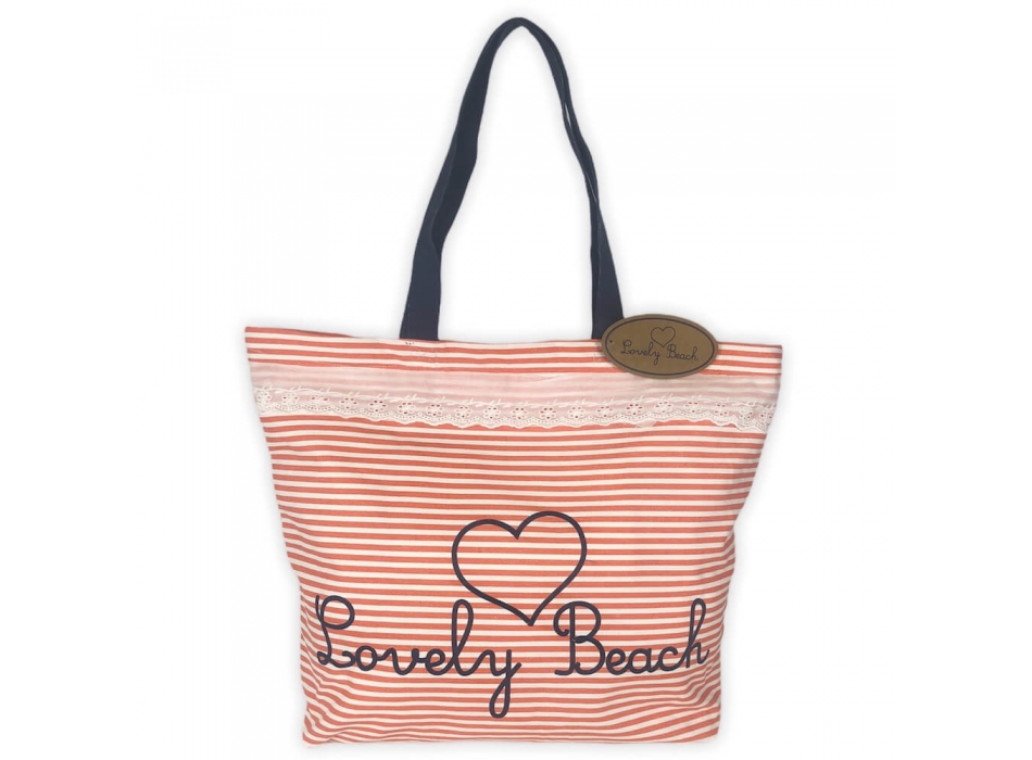 Borsa Mare Myconos Rigata Salmone Con Sangallo 100% Cotone Misura 54x44x15cm