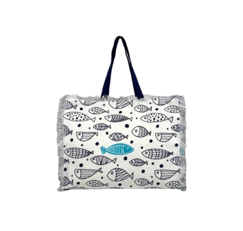 Borsa Mare New Aquarius Bianco Pesci e Onde con Chiusura Zip misura 48x38x16cm con Frange Borsa Spiaggia