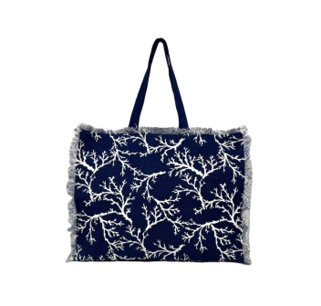 Borsa Mare New Aquarius Blu Coralli con Chiusura Zip misura 48x38x16cm con Frange Borsa Spiaggia