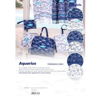 Borsa Mare New Aquarius Blu Pesci e Onde con Chiusura Zip misura 48x38x16cm con Frange Borsa Spiaggia